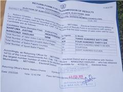 The official declaration form confirming Hon. Hadijah's victory in the 2026 election.
